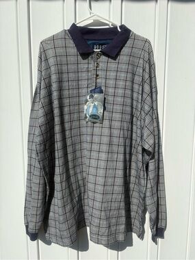 HIS Vintage Mens XL Long Sleeve Polo Shirt Plaid NWT Cotton Knit Navy